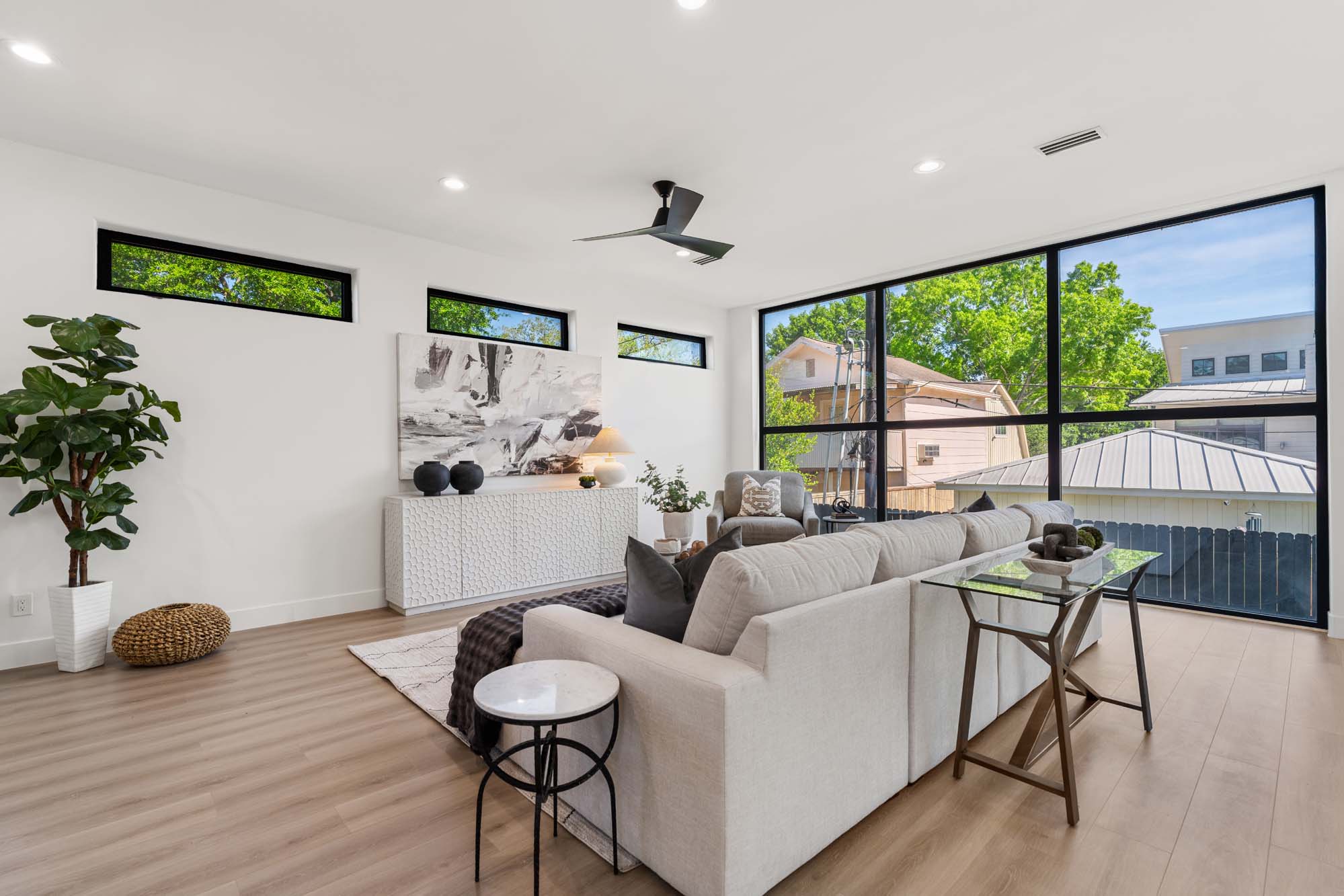 Open-plan living, dining, and kitchen